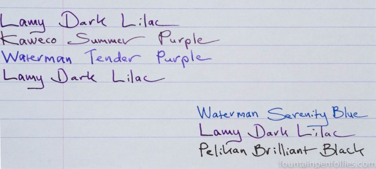 Lamy Dark Lilac ink writing sample comparisons