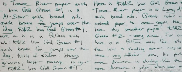 KWZ Iron Gall Green #1 and KWZ Iron Gall Green #2 writing sample comparisons