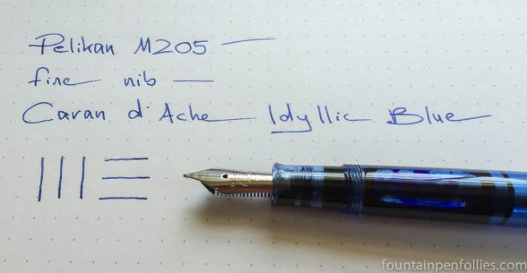 Pelikan M205 blue demonstrator Caran d'Ache Idyllic Blue ink writing sample