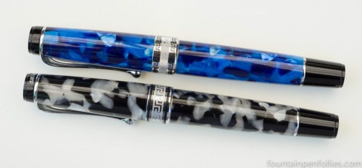 Aurora 369 Optima Monviso fountain pen and blue auroloide comparison