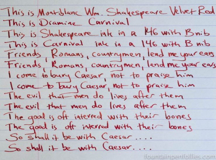 Diamine Carnival and Montblanc Shakespeare ink writing sample comparison
