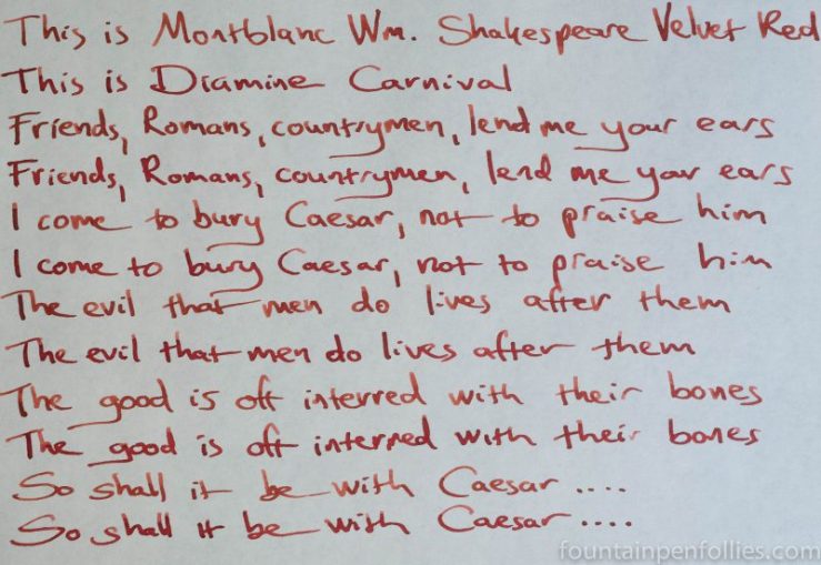 Diamine Carnival and Montblanc Shakespeare ink writing sample comparison