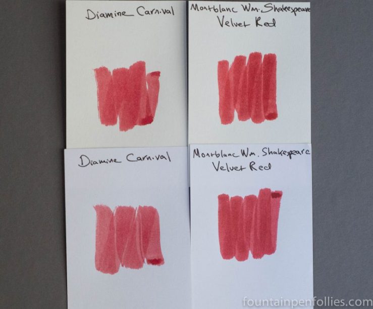 Diamine Carnival and Montblanc Shakespeare ink swabs comparison
