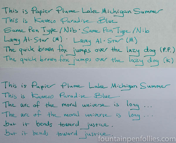 Papier Plume Lake Michigan Summer and Kaweco Paradise Blue writing samples comparison