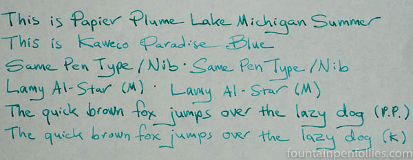 Papier Plume Lake Michigan Summer and Kaweco Paradise Blue writing samples comparison
