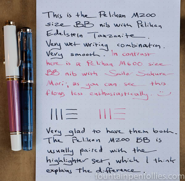 writing sample Pelikan M600 BB versus M205 BB highlighter
