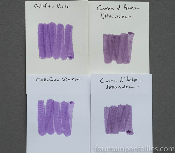 Callifolio Violet and Caran d'Ache Ultra Violet swabs comparison
