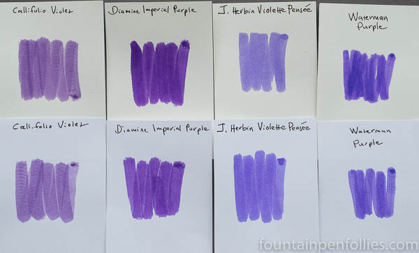 Callifolio Violet and Caran d'Ache Ultra Violet swabs comparison