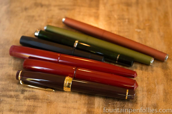 Pelikan M205 Olivine, Lamy Studio Olive and Terracotta, Kaweco AL-Sport Night, Sailor Earth, Nakaya Shu