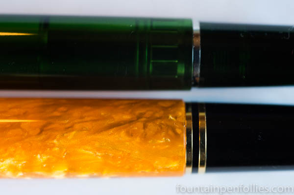 Pelikan M205 Olivine and M600 Vibrant Orange closeups